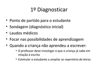 1º Diagnosticar
• Ponto de partido para o estudante
• Sondagem (diagnóstico inicial)
• Laudos médicos
• Focar nas possibilidades de aprendizagem
• Quando a criança não aprendeu a escrever:
• O professor deve investigar o que a criança já sabe em
relação à escrita
• Estimular o estudante a ampliar se repertório de letras
 