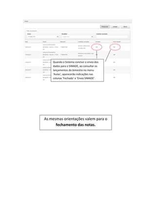 Quando o Sistema concluir o envio dos
dados para o SIMADE, ao consultar os
lançamentos do bimestre no menu
‘Aulas’, aparecerão indicações nas
colunas ‘Fechado’ e ‘Envio SIMADE’.
As mesmas orientações valem para o
fechamento das notas.
 