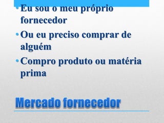 •Eu sou o meu próprio
fornecedor
•Ou eu preciso comprar de
alguém
•Compro produto ou matéria
prima
 