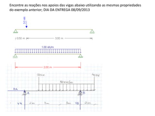 Encontre as reações nos apoios das vigas abaixo utilizando as mesmas propriedades
do exemplo anterior; DIA DA ENTREGA 08/09/2013
 