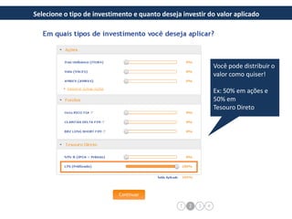 Selecione o tipo de investimento e quanto deseja investir do valor aplicado

Você pode distribuir o
valor como quiser!
Ex: 50% em ações e
50% em
Tesouro Direto

 