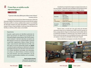 Mais Educação 18 Passo a passo Mais Educação 19 Passo a passo
8	 Como faço, se minha escola
não tem espaço ?
1° PASSO
“É preciso toda uma aldeia para educar uma criança”.
Provérbio africano
Oespaçofísicodaescolanãoédeterminanteparaaofertade
EducaçãoIntegral.Oreconhecimentodequeaescolanãotemespaço
físico para acolher as crianças, adolescentes e jovens nas atividades
de Educação Integral não pode desmobilizar. O mapeamento de
espaços, tempos e oportunidades é tarefa que deve ser feita com as
famílias, os vizinhos, enfim, toda a comunidade.
Depoimento:
Quando a gente pensa em identificar potenciais do
bairro que possam ser objeto de um programa de
Educação Integral, sempre aparece“Ah! Cinema, teatro,
centro cultural...” e não tem nada disso nos bairros de
Nova Iguaçu! E aí esse era o grande desafio. O pessoal
ia para fazer mapeamento, voltava e falava “não tem
nada...”como não tem nada? Volta de novo!“Não...não
tem nada.”E aí um dia, a gente falou“gente, tem gente
e aonde tem gente as pessoas se relacionam, descobre
que lugares são esses, que são esses nossos parceiros!”
E aí a gente identificou uma igreja, uma associação,
um campo, um salão de festas, e aí fomos conversar
com essas pessoas, com essas instituições e ver de
que forma a gente poderia trabalhar com a ociosidade
desses espaços.
Maria Antônia Goulart
Bairro Escola / Nova Iguaçu –RJ
In: O Direito de Aprender (vídeo)
Inicialmente, é importante mapear os espaços da escola e os
da comunidade, verificando quais atividades é possível desenvolver
e como fazê-lo. Imagine esse mapeamento no quadro abaixo:
Espaços
Horários
Disponíveis
Atividades
Na escola
-	 Biblioteca
-	 Pátio coberto
-	 Sala de leitura
Na
comunidade
-	 Sala paroquial
-	 Espaço dos escoteiros
Em outros
espaços
-	 Museu da cidade
-	 Pátio do Corpo de
Bombeiros
Muitas vezes, a escola tem uma sala onde são deixadas
somente as caixas com os materiais que o MEC envia! Os manuais, os
livros,osjogosdevemchegarnasmãosdequemprecisadeles.Vamos
lá, professora! Distribua os materiais! Faça uma estante e ponha os
livros no canto da sala que vira uma biblioteca! Esvazie a sala e tenha
um espaço a mais para as atividades de Educação Integral!
Vamos redistribuir os espaços na escola e fora da escola!
Foto: Agência Brasil/Elza Fiúza
-	
 