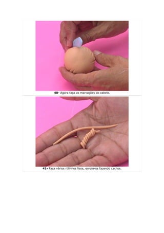 40- Agora faça as marcações do cabelo.




41- Faça vários rolinhos lisos, enrole-os fazendo cachos.
 