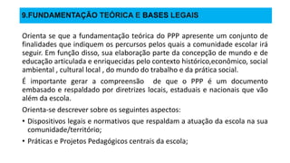 9.FUNDAMENTAÇÃO TEÓRICA E BASES LEGAIS
Orienta se que a fundamentação teórica do PPP apresente um conjunto de
finalidades que indiquem os percursos pelos quais a comunidade escolar irá
seguir. Em função disso, sua elaboração parte da concepção de mundo e de
educação articulada e enriquecidas pelo contexto histórico,econômico, social
ambiental , cultural local , do mundo do trabalho e da prática social.
É importante gerar a compreensão de que o PPP é um documento
embasado e respaldado por diretrizes locais, estaduais e nacionais que vão
além da escola.
Orienta-se descrever sobre os seguintes aspectos:
• Dispositivos legais e normativos que respaldam a atuação da escola na sua
comunidade/território;
• Práticas e Projetos Pedagógicos centrais da escola;
 