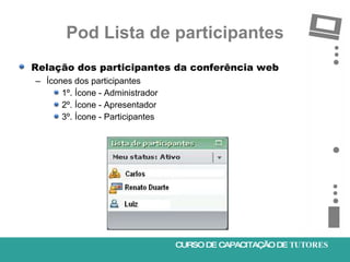 Pod Lista de participantes <ul><li>Relação dos participantes da conferência web </li></ul><ul><ul><li>Ícones dos participa...