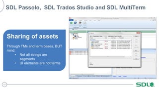 17 
SDL Passolo, SDL Trados Studio and SDL MultiTerm 
Sharing of assets 
Through TMs and term bases, BUT 
mind: 
• Not all strings are 
segments 
• UI elements are not terms 
 