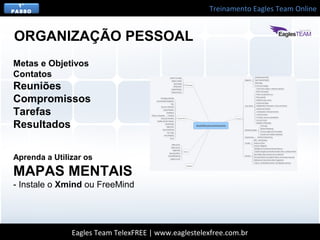 Treinamento Eagles Team Online
Eagles Team TelexFREE | www.eaglestelexfree.com.br
1°
PASSO
Aprenda a Utilizar os
MAPAS MENTAIS
- Instale o Xmind ou FreeMind
ORGANIZAÇÃO PESSOAL
Metas e Objetivos
Contatos
Reuniões
Compromissos
Tarefas
Resultados
 