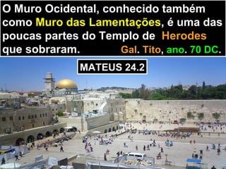O Muro Ocidental, conhecido também
como Muro das Lamentações, é uma das
poucas partes do Templo de Herodes
que sobraram.        Gal. Tito, ano. 70 DC.
               MATEUS 24.2
 