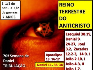3 1/2 de
paz - 3 1/2
                            REINO
de guerras.                 TERRESTRE
7 ANOS                      DO
                            ANTICRISTO
                                 Ezequiel 38.19,
                                 Daniel 9.
                                 24-27, Joel
                                 3.2, Zacarias
70ª Semana de        Apocalipse 12.2-3, 14.9, I
Daniel.              13. 16-17   João 2.18, I
TRIBULAÇÃO.     Daniel 11. 36-38 João 4.3, II
 