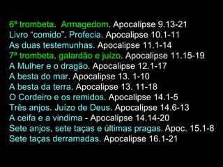 6ª trombeta. Armagedom. Apocalipse 9.13-21
Livro “comido”. Profecia. Apocalipse 10.1-11
As duas testemunhas. Apocalipse 11.1-14
7ª trombeta. galardão e juízo. Apocalipse 11.15-19
A Mulher e o dragão. Apocalipse 12.1-17
A besta do mar. Apocalipse 13. 1-10
A besta da terra. Apocalipse 13. 11-18
O Cordeiro e os remidos. Apocalipse 14.1-5
Três anjos. Juízo de Deus. Apocalipse 14.6-13
A ceifa e a vindima - Apocalipse 14.14-20
Sete anjos,,sete taças e,últimas pragas. Apoc. 15.1-8
Sete taças derramadas. Apocalipse 16.1-21
 