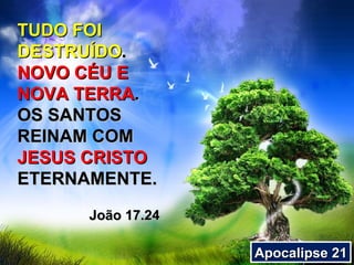 TUDO FOI
DESTRUÍDO.
NOVO CÉU E
NOVA TERRA.
OS SANTOS
REINAM COM
JESUS CRISTO
ETERNAMENTE.

      João 17.24

                   Apocalipse 21
 