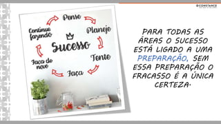PARA TODAS AS
ÁREAS O SUCESSO
ESTÁ LIGADO A UMA
PREPARAÇÃO, SEM
ESSA PREPARAÇÃO O
FRACASSO É A ÚNICA
CERTEZA.
 
