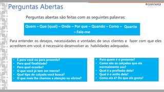 Perguntas abertas são feitas com as seguintes palavras:
Para entender os desejos, necessidades e vontades de seus clientes e fazer com que eles
acreditem em você, é necessário desenvolver as habilidades adequadas.
Quanto
Quem – Que (qual) – Onde – Por que – Quando – Como –
– Fale-me
Perguntas Abertas
• É para você ou para presente?
• Para qual finalidade?
• Para qual ocasião?
• O que você já tem em mente?
• Qual tipo de calçado você busca?
• O que mais lhe chamou a atenção na vitrine?
• Para quem é o presente?
• Como são os calçados que ela
normalmente usa?
• Qual é a profissão dela?
• Qual é o estilo dela?
• Como ela é? Do que ela gosta?
 
