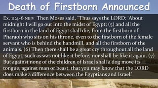 Death of Firstborn Announced
Ex. 11:4-6 NKJV Then Moses said, "Thus says the LORD: 'About
midnight I will go out into the midst of Egypt; (5) and all the
firstborn in the land of Egypt shall die, from the firstborn of
Pharaoh who sits on his throne, even to the firstborn of the female
servant who is behind the handmill, and all the firstborn of the
animals. (6) Then there shall be a great cry throughout all the land
of Egypt, such as was not like it before, nor shall be like it again. (7)
But against none of the children of Israel shall a dog move its
tongue, against man or beast, that you may know that the LORD
does make a difference between the Egyptians and Israel.’
 