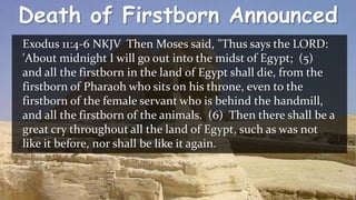 Death of Firstborn Announced
Exodus 11:4-6 NKJV Then Moses said, "Thus says the LORD:
'About midnight I will go out into the midst of Egypt; (5)
and all the firstborn in the land of Egypt shall die, from the
firstborn of Pharaoh who sits on his throne, even to the
firstborn of the female servant who is behind the handmill,
and all the firstborn of the animals. (6) Then there shall be a
great cry throughout all the land of Egypt, such as was not
like it before, nor shall be like it again.
 