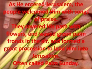 As He entered Jerusalem, the people welcomed Him with songs of praise. They covered His path with flowers, and waved green palm fronds in the air, and formed a great procession to lead Him into Jerusalem. Often called Palm Sunday.