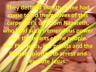 They decided that the time had come to rid themselves of this carpenter's son from Nazareth, who held such tremendous power over the hearts of the people. The Pharisees, the priests and the Romans plotted to arrest and execute Jesus.