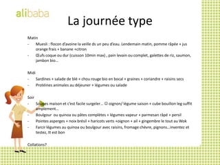 La journée typeMatin  Muesli : flocon d’avoine la veille ds un peu d’eau. Lendemain matin, pomme râpée + jus orange frais + banane +citron
