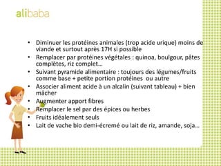 Diminuer les protéines animales (trop acide urique) moins de  viande et surtout après 17H si possibleRemplacer par protéines végétales : quinoa, boulgour, pâtes complètes, riz complet…Suivant pyramide alimentaire : toujours des légumes/fruits comme base + petite portion protéines  ou autreAssocier aliment acide à un alcalin (suivant tableau) + bien mâcherAugmenter apport fibresRemplacer le sel par des épices ou herbesFruits idéalement seulsLait de vache bio demi-écremé ou lait de riz, amande, soja…
