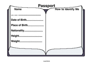 Passport
    Name                                                      How to Identify Me

.... ..... ..................................

Date of Birth........................

Place of Birth.......................

Nationality...........................

Height..................................

Weight.................................




                                                LeasInfants
 