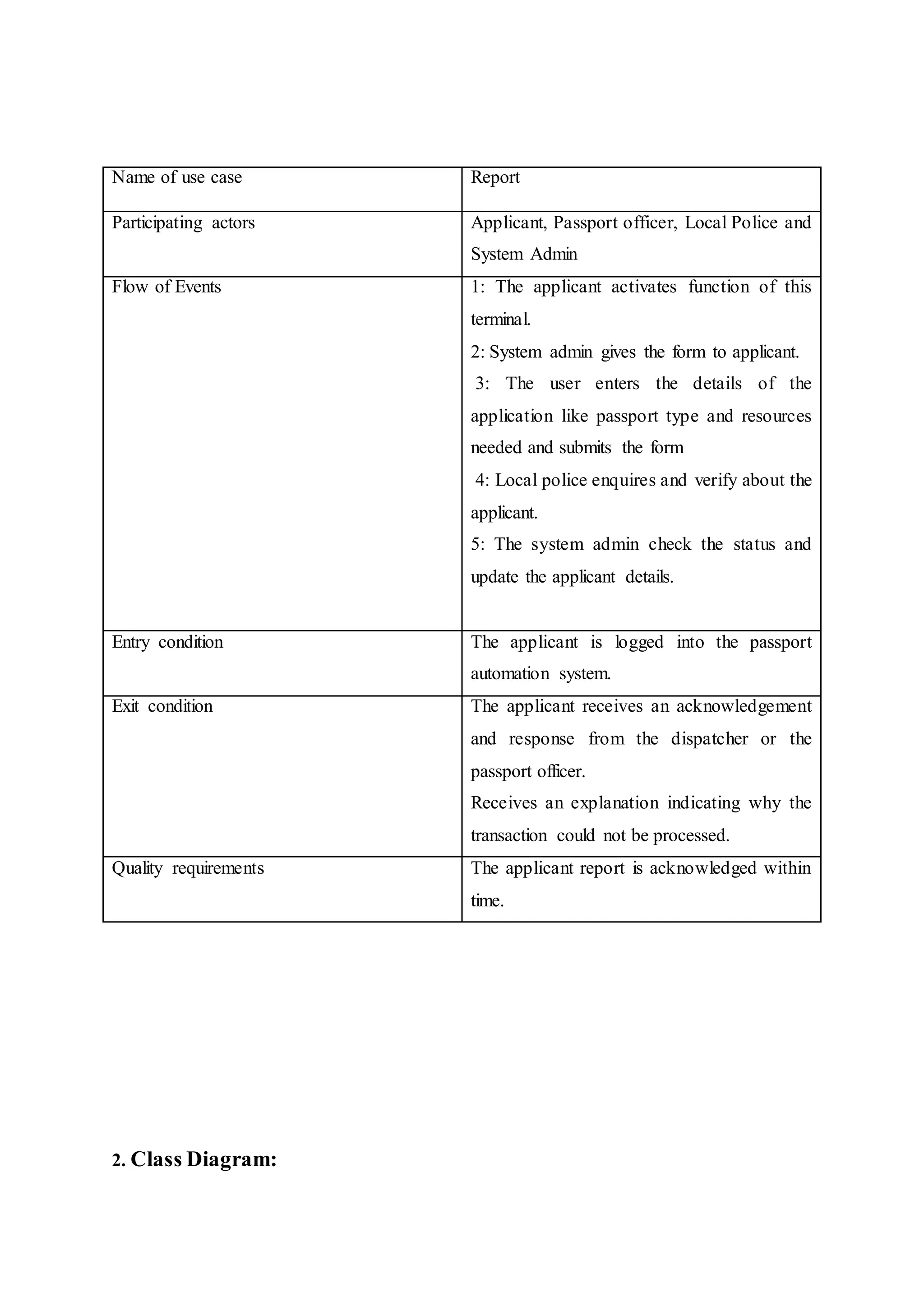 2. Class Diagram:
Name of use case Report
Participating actors Applicant, Passport officer, Local Police and
System Admin
Flow of Events 1: The applicant activates function of this
terminal.
2: System admin gives the form to applicant.
3: The user enters the details of the
application like passport type and resources
needed and submits the form
4: Local police enquires and verify about the
applicant.
5: The system admin check the status and
update the applicant details.
Entry condition The applicant is logged into the passport
automation system.
Exit condition The applicant receives an acknowledgement
and response from the dispatcher or the
passport officer.
Receives an explanation indicating why the
transaction could not be processed.
Quality requirements The applicant report is acknowledged within
time.
 