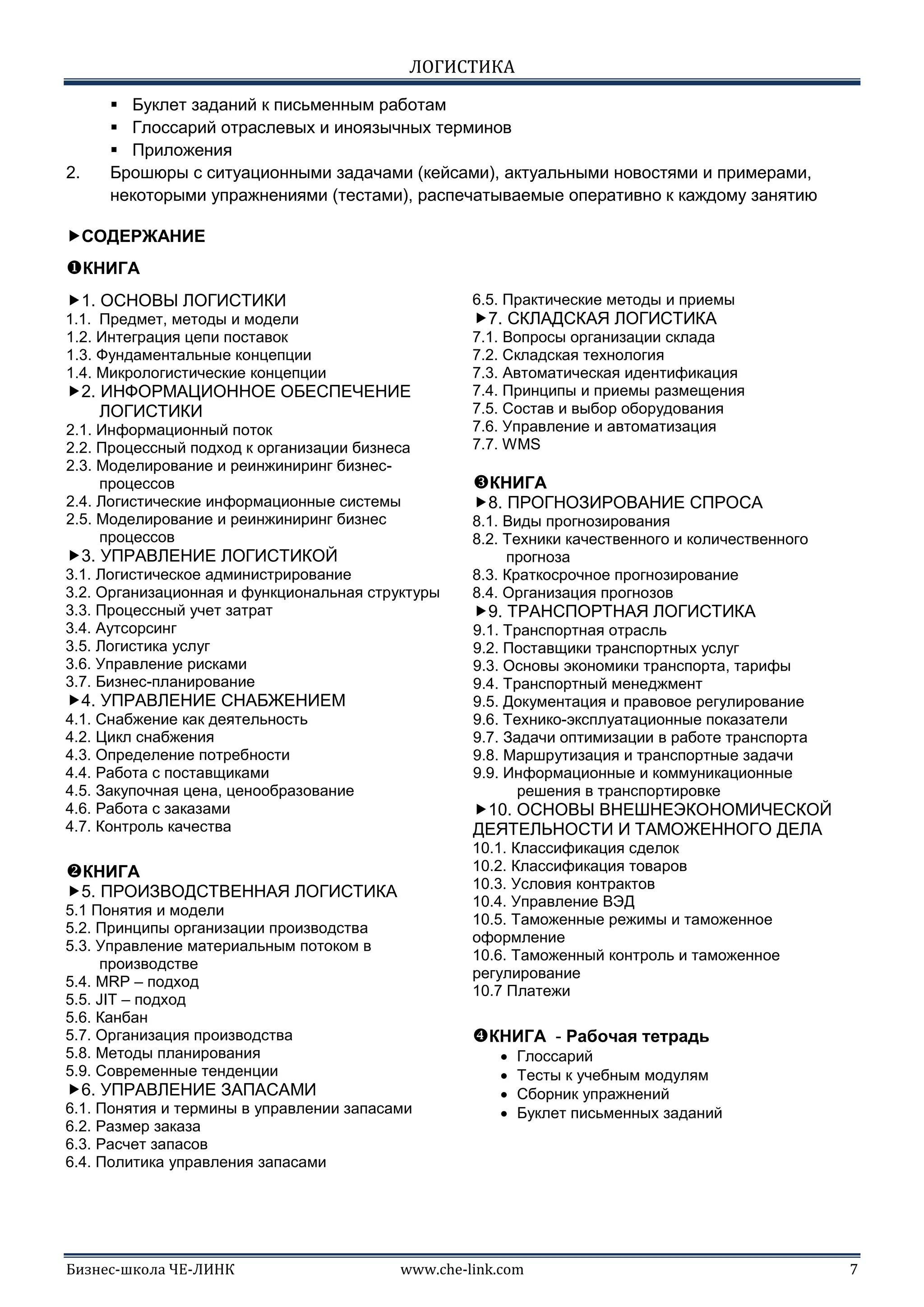 ЛОГИСТИКА
Бизнес-школа ЧЕ-ЛИНК www.che-link.com 7
 Буклет заданий к письменным работам
 Глоссарий отраслевых и иноязычных терминов
 Приложения
2. Брошюры с ситуационными задачами (кейсами), актуальными новостями и примерами,
некоторыми упражнениями (тестами), распечатываемые оперативно к каждому занятию
СОДЕРЖАНИЕ
КНИГА
1. ОСНОВЫ ЛОГИСТИКИ
1.1. Предмет, методы и модели
1.2. Интеграция цепи поставок
1.3. Фундаментальные концепции
1.4. Микрологистические концепции
2. ИНФОРМАЦИОННОЕ ОБЕСПЕЧЕНИЕ
ЛОГИСТИКИ
2.1. Информационный поток
2.2. Процессный подход к организации бизнеса
2.3. Моделирование и реинжиниринг бизнес-
процессов
2.4. Логистические информационные системы
2.5. Моделирование и реинжиниринг бизнес
процессов
3. УПРАВЛЕНИЕ ЛОГИСТИКОЙ
3.1. Логистическое администрирование
3.2. Организационная и функциональная структуры
3.3. Процессный учет затрат
3.4. Аутсорсинг
3.5. Логистика услуг
3.6. Управление рисками
3.7. Бизнес-планирование
4. УПРАВЛЕНИЕ СНАБЖЕНИЕМ
4.1. Снабжение как деятельность
4.2. Цикл снабжения
4.3. Определение потребности
4.4. Работа с поставщиками
4.5. Закупочная цена, ценообразование
4.6. Работа с заказами
4.7. Контроль качества
КНИГА
5. ПРОИЗВОДСТВЕННАЯ ЛОГИСТИКА
5.1 Понятия и модели
5.2. Принципы организации производства
5.3. Управление материальным потоком в
производстве
5.4. MRP – подход
5.5. JIT – подход
5.6. Канбан
5.7. Организация производства
5.8. Методы планирования
5.9. Современные тенденции
6. УПРАВЛЕНИЕ ЗАПАСАМИ
6.1. Понятия и термины в управлении запасами
6.2. Размер заказа
6.3. Расчет запасов
6.4. Политика управления запасами
6.5. Практические методы и приемы
7. СКЛАДСКАЯ ЛОГИСТИКА
7.1. Вопросы организации склада
7.2. Складская технология
7.3. Автоматическая идентификация
7.4. Принципы и приемы размещения
7.5. Состав и выбор оборудования
7.6. Управление и автоматизация
7.7. WMS
КНИГА
8. ПРОГНОЗИРОВАНИЕ СПРОСА
8.1. Виды прогнозирования
8.2. Техники качественного и количественного
прогноза
8.3. Краткосрочное прогнозирование
8.4. Организация прогнозов
9. ТРАНСПОРТНАЯ ЛОГИСТИКА
9.1. Транспортная отрасль
9.2. Поставщики транспортных услуг
9.3. Основы экономики транспорта, тарифы
9.4. Транспортный менеджмент
9.5. Документация и правовое регулирование
9.6. Технико-эксплуатационные показатели
9.7. Задачи оптимизации в работе транспорта
9.8. Маршрутизация и транспортные задачи
9.9. Информационные и коммуникационные
решения в транспортировке
10. ОСНОВЫ ВНЕШНЕЭКОНОМИЧЕСКОЙ
ДЕЯТЕЛЬНОСТИ И ТАМОЖЕННОГО ДЕЛА
10.1. Классификация сделок
10.2. Классификация товаров
10.3. Условия контрактов
10.4. Управление ВЭД
10.5. Таможенные режимы и таможенное
оформление
10.6. Таможенный контроль и таможенное
регулирование
10.7 Платежи
КНИГА - Рабочая тетрадь
 Глоссарий
 Тесты к учебным модулям
 Сборник упражнений
 Буклет письменных заданий
 