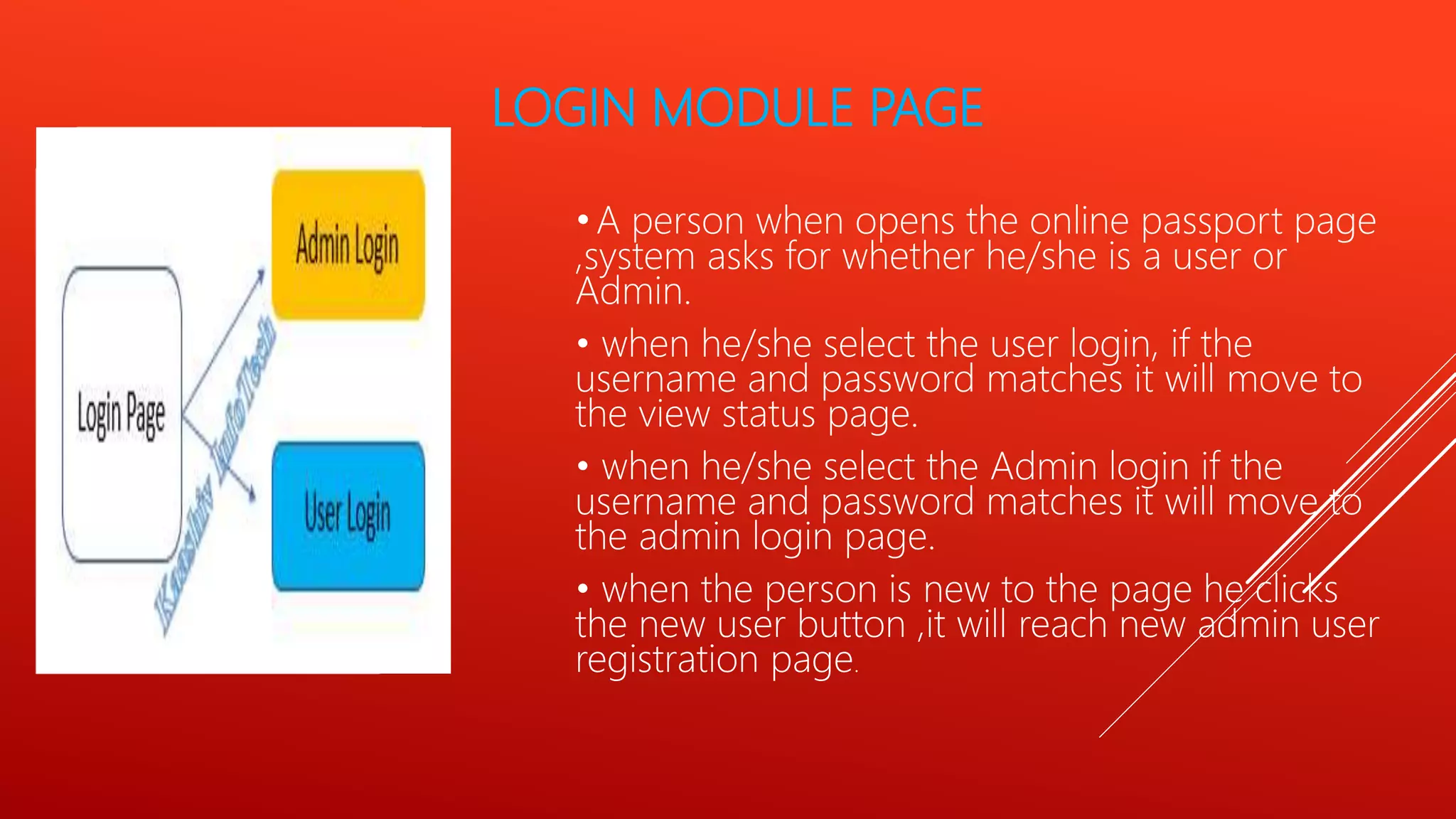 LOGIN MODULE PAGE
•A person when opens the online passport page
,system asks for whether he/she is a user or
Admin.
• when he/she select the user login, if the
username and password matches it will move to
the view status page.
• when he/she select the Admin login if the
username and password matches it will move to
the admin login page.
• when the person is new to the page he clicks
the new user button ,it will reach new admin user
registration page.
 