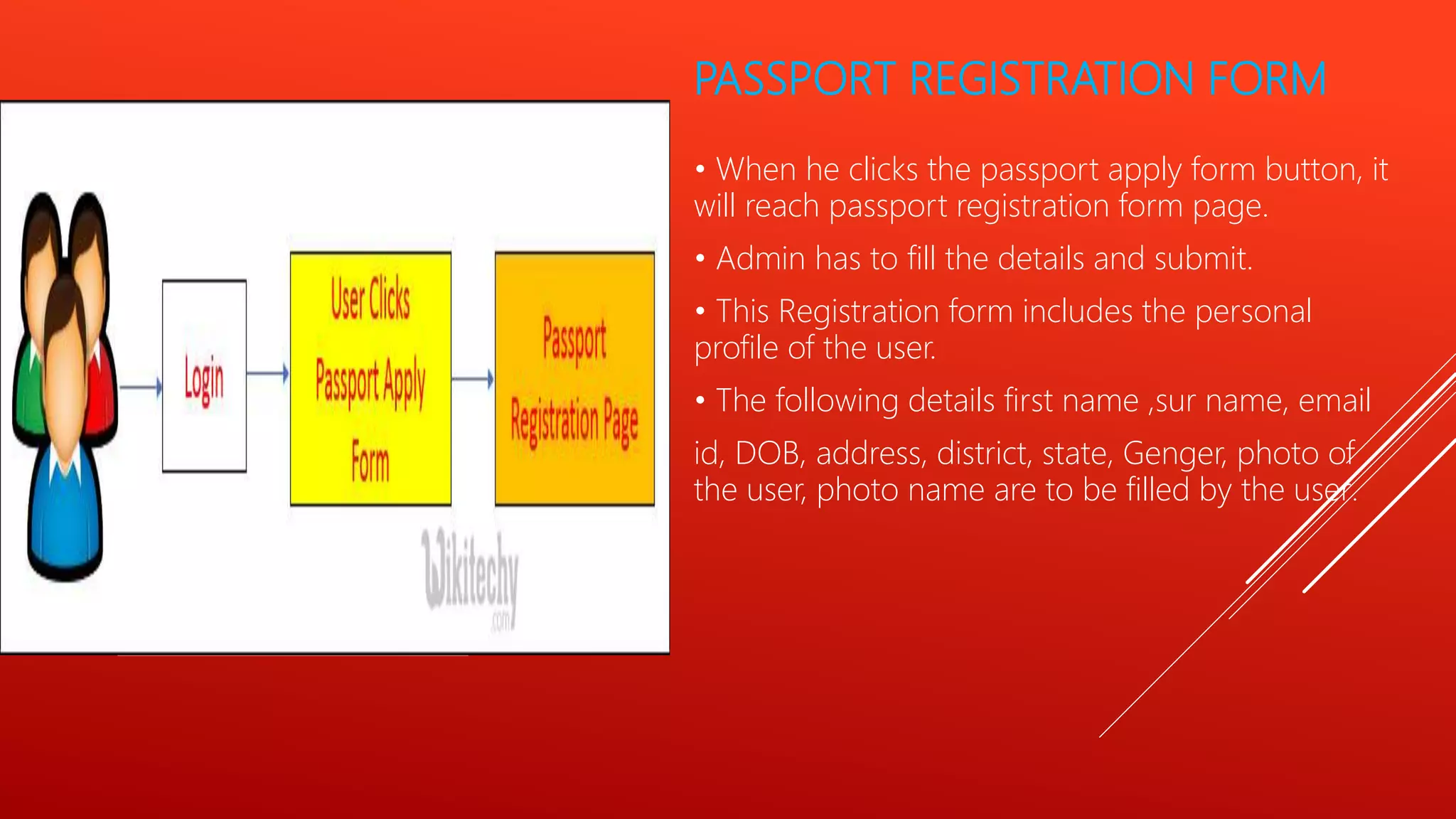 PASSPORT REGISTRATION FORM
• When he clicks the passport apply form button, it
will reach passport registration form page.
• Admin has to fill the details and submit.
• This Registration form includes the personal
profile of the user.
• The following details first name ,sur name, email
id, DOB, address, district, state, Genger, photo of
the user, photo name are to be filled by the user.
 