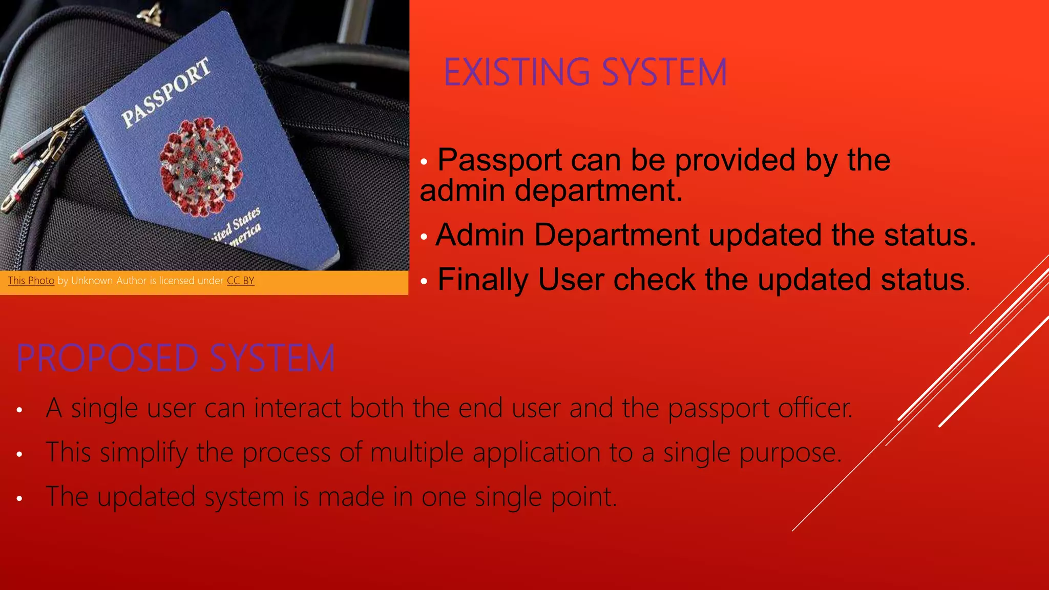 EXISTING SYSTEM
• Passport can be provided by the
admin department.
• Admin Department updated the status.
• Finally User check the updated status.
PROPOSED SYSTEM
• A single user can interact both the end user and the passport officer.
• This simplify the process of multiple application to a single purpose.
• The updated system is made in one single point.
This Photo by Unknown Author is licensed under CC BY
 