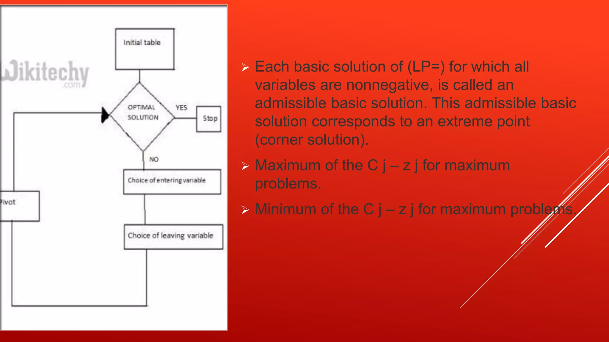  Each basic solution of (LP=) for which all
variables are nonnegative, is called an
admissible basic solution. This admissible basic
solution corresponds to an extreme point
(corner solution).
 Maximum of the C j – z j for maximum
problems.
 Minimum of the C j – z j for maximum problems.
 