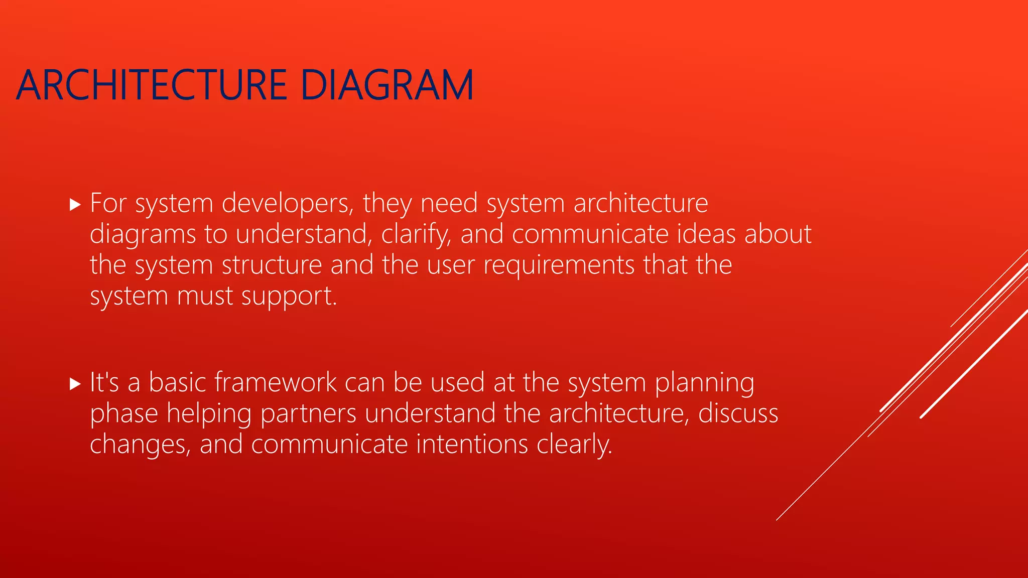 ARCHITECTURE DIAGRAM
 For system developers, they need system architecture
diagrams to understand, clarify, and communicate ideas about
the system structure and the user requirements that the
system must support.
 It's a basic framework can be used at the system planning
phase helping partners understand the architecture, discuss
changes, and communicate intentions clearly.
 