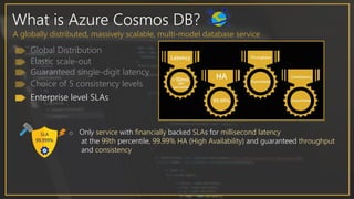 What is Azure Cosmos DB?
A globally distributed, massively scalable, multi-model database service
Enterprise level SLAs
o Only service with financially backed SLAs for millisecond latency
at the 99th percentile, 99.99% HA (High Availability) and guaranteed throughput
and consistency
 