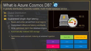 What is Azure Cosmos DB?
A globally distributed, massively scalable, multi-model database service
Guaranteed single-digit latency
o Reads and writes served from local regions
o Guaranteed millisecond latency worldwide
o Write optimized, latch-free database engine
o Automatically indexed SSD storage
• Synchronous and automatic indexing at sustained ingestion
rates
 