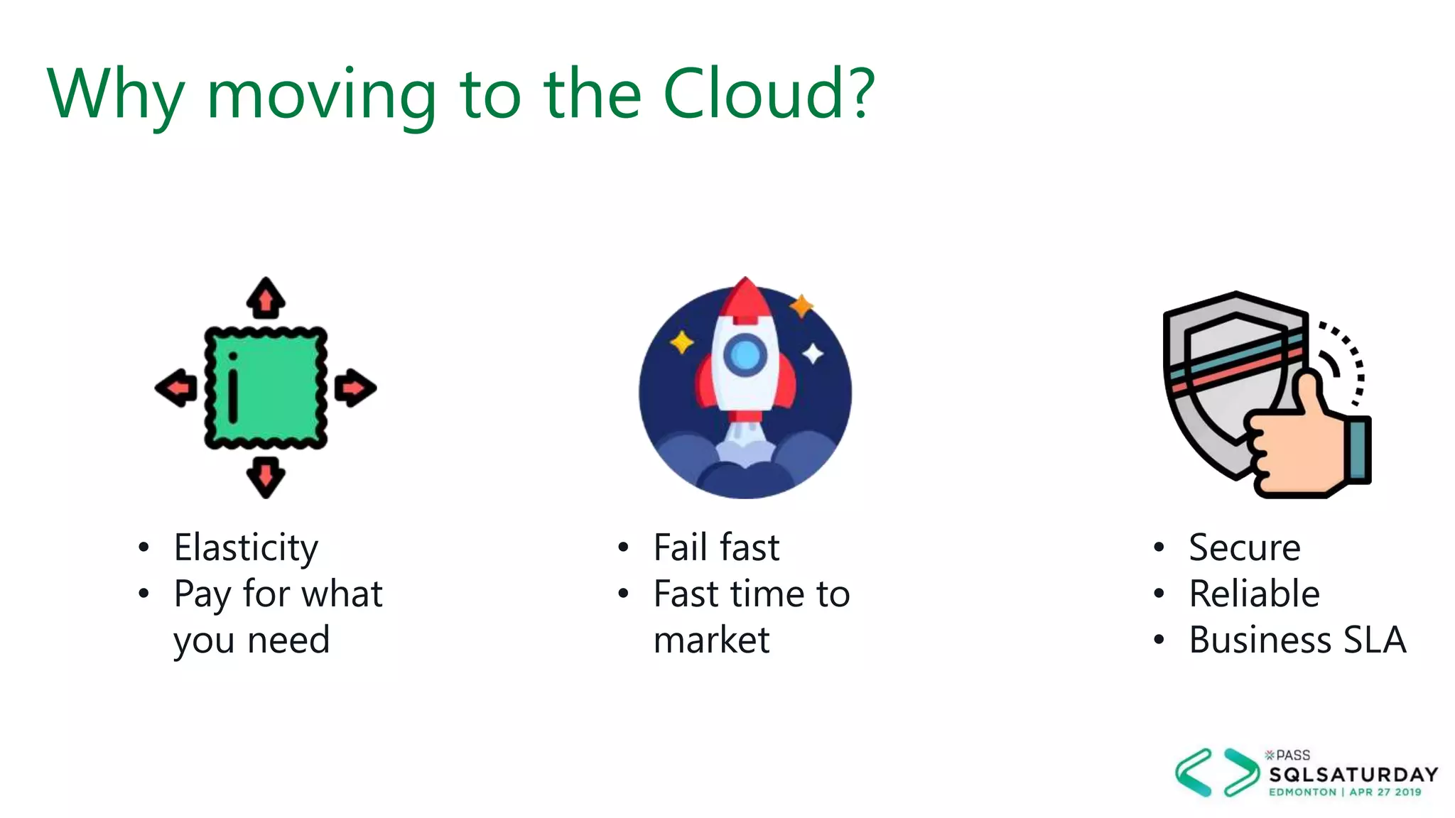 Why moving to the Cloud?
• Elasticity
• Pay for what
you need
• Fail fast
• Fast time to
market
• Secure
• Reliable
• Business SLA
 