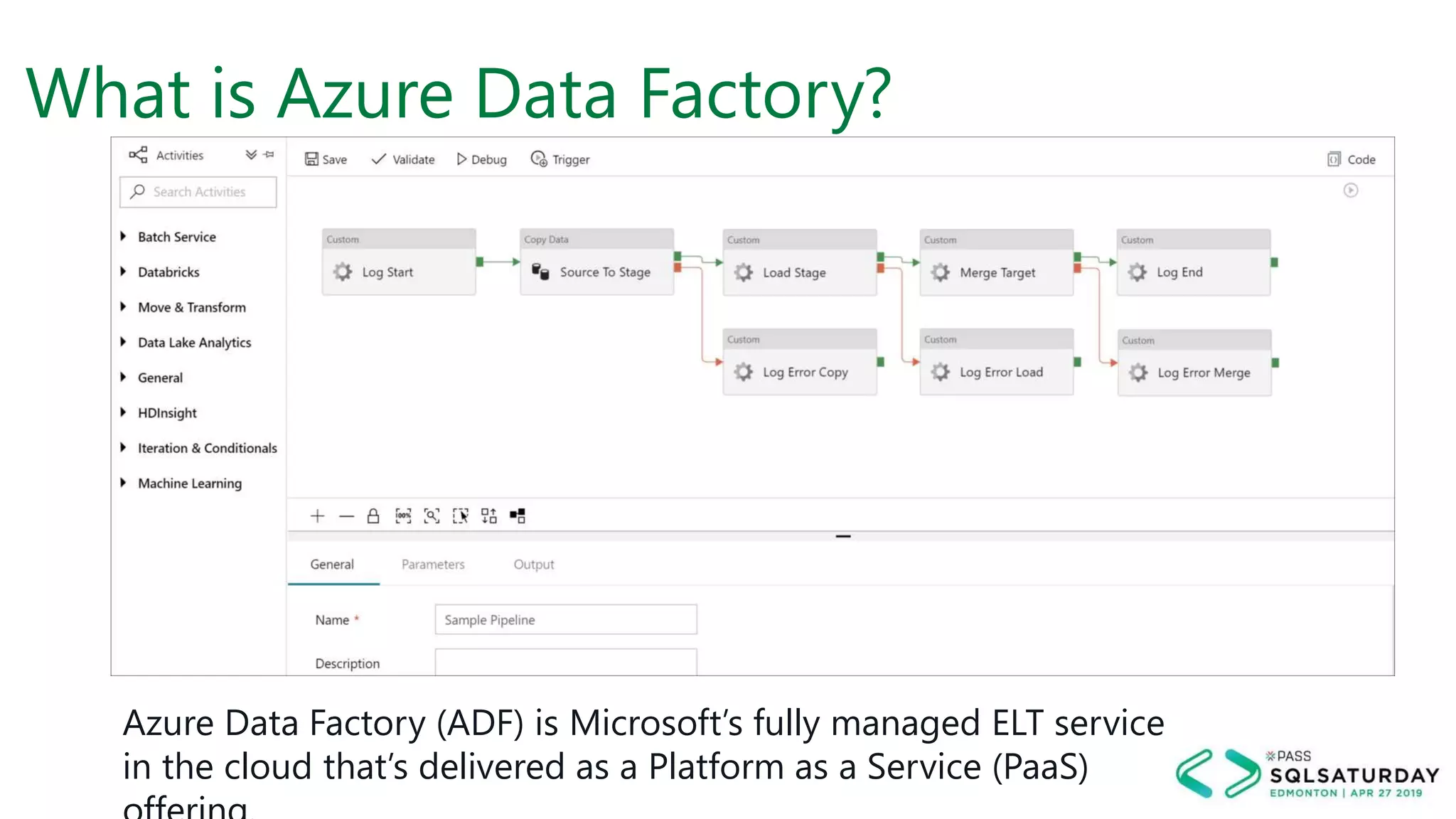What is Azure Data Factory?
Azure Data Factory (ADF) is Microsoft’s fully managed ELT service
in the cloud that’s delivered as a Platform as a Service (PaaS)
 