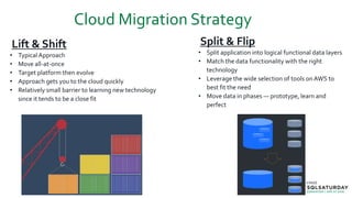 Cloud Migration Strategy
Lift & Shift
• Typical Approach
• Move all-at-once
• Target platform then evolve
• Approach gets you to the cloud quickly
• Relatively small barrier to learning new technology
since it tends to be a close fit
Split & Flip
• Split application into logical functional data layers
• Match the data functionality with the right
technology
• Leverage the wide selection of tools onAWS to
best fit the need
• Move data in phases — prototype, learn and
perfect
 