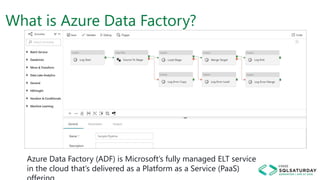 What is Azure Data Factory?
Azure Data Factory (ADF) is Microsoft’s fully managed ELT service
in the cloud that’s delivered as a Platform as a Service (PaaS)
 