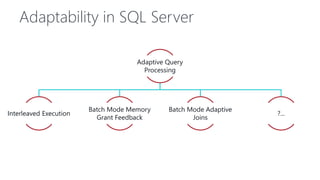 Adaptability in SQL Server
Adaptive Query
Processing
Interleaved Execution
Batch Mode Memory
Grant Feedback
Batch Mode Adaptive
Joins
?...
 