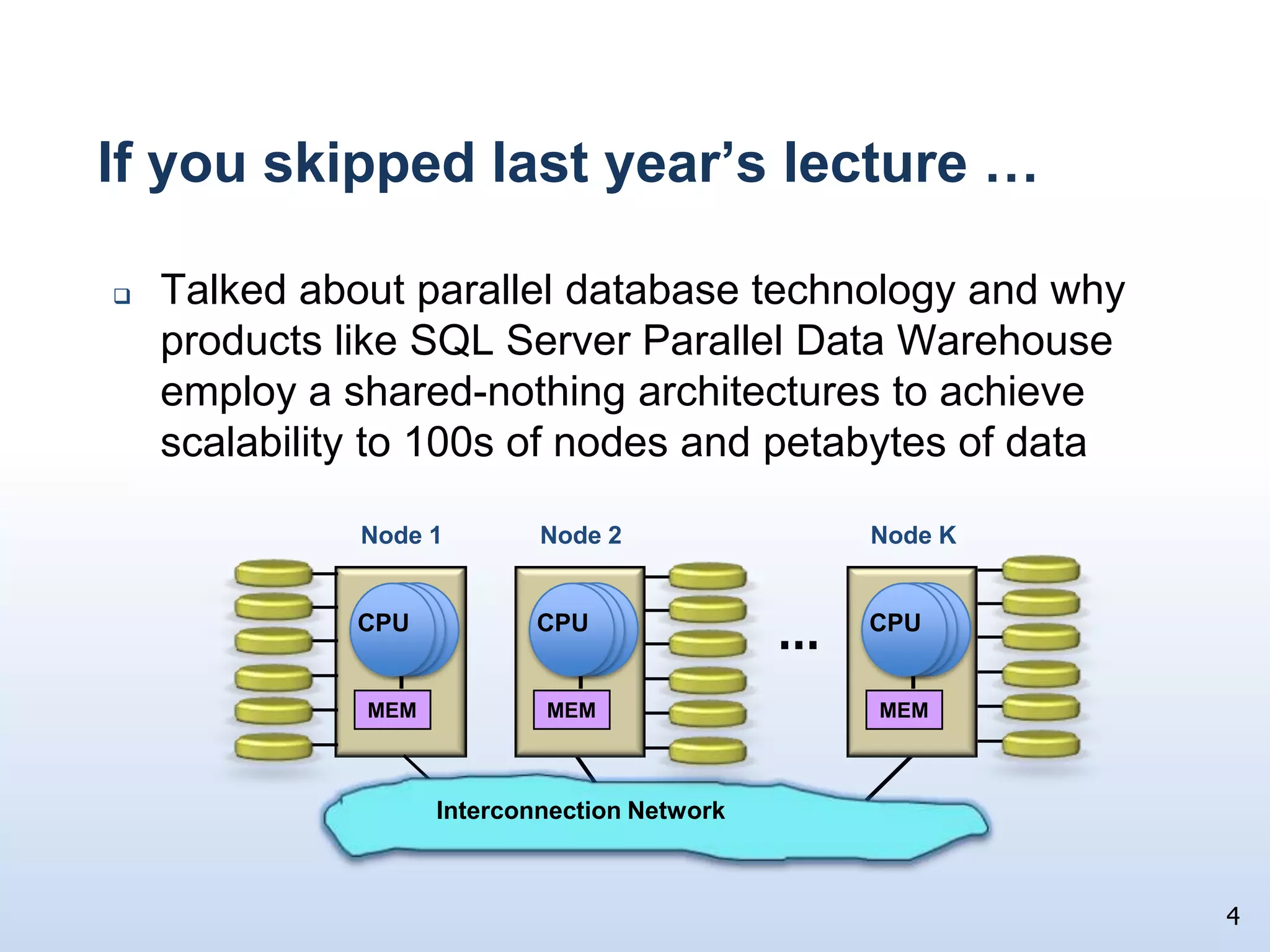 If you skipped last year’s lecture …4Node KNode 2Node 1MEMMEMMEMCPUCPUCPUInterconnection NetworkTalked about parallel database technology and why products like SQL Server Parallel Data Warehouse employ a shared-nothing architectures to achieve scalability to 100s of nodes and petabytes of data…