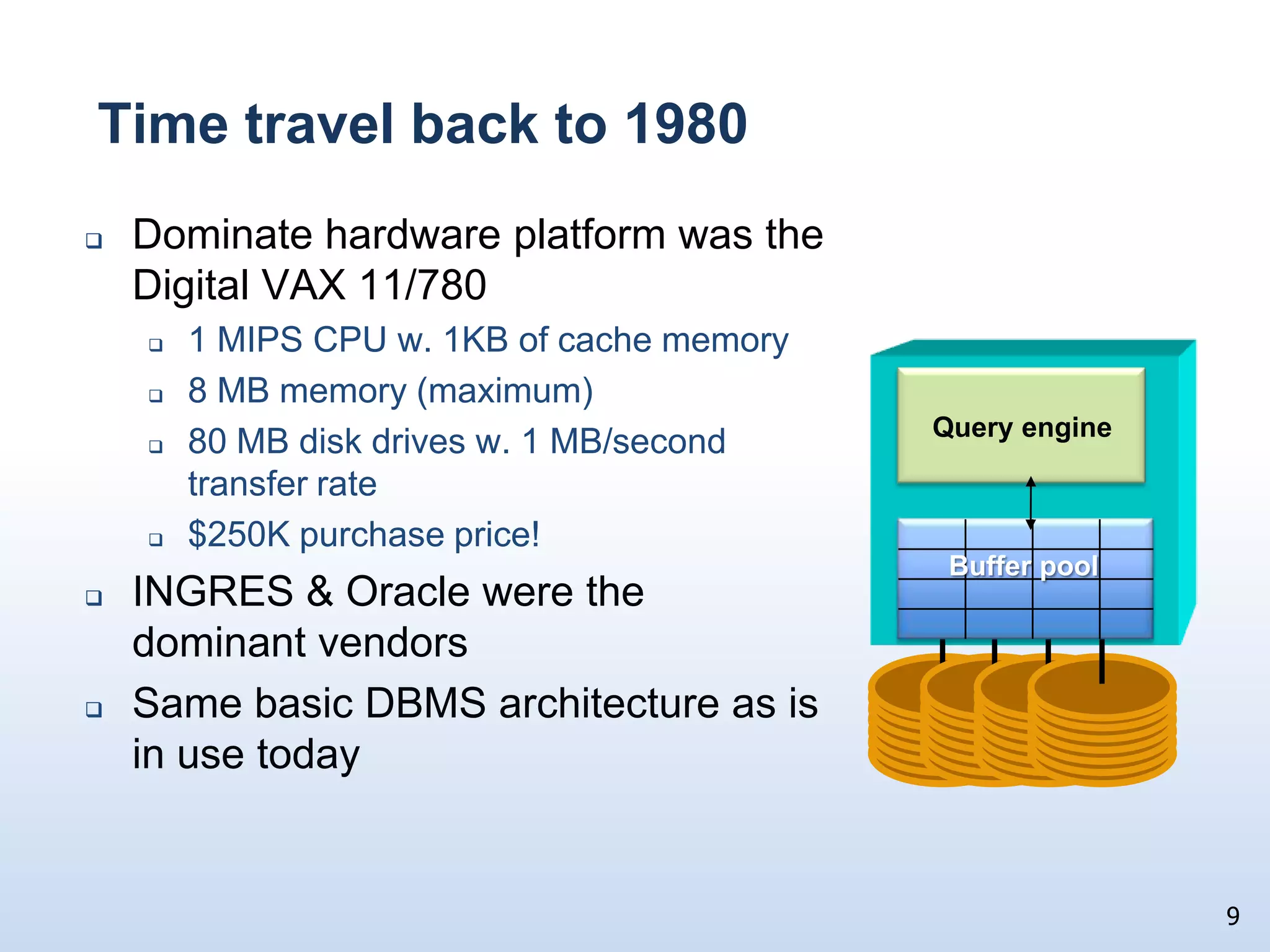 Talk Outline	Look at 30 years of technology trends in CPUs, memories, and disksExplain how these trends have impacted database system performance for OLTP and decision support workloadsWhy these trends are forcing DBMS to evolve Some technical solutionsSummary and conclusions8