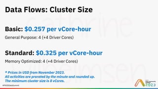 #PASSDataSummit
Data Flows: Cluster Size
Basic: $0.257 per vCore-hour
General Purpose: 4 (+4 Driver Cores)
Standard: $0.325 per vCore-hour
Memory Optimized: 4 (+4 Driver Cores)
* Prices in USD from November 2023.
All activities are prorated by the minute and rounded up.
The minimum cluster size is 8 vCores.
 