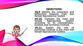 OBJECTIVES:
34.9 Identify the similarities and
differences between male and
female Reproductive System
34.10. Compare the male and
female Reproductive System
according to its characteristics,
function and hormones involved.
34.11. Explain the role of
hormones involved in the male and
female Reproductive System.
 