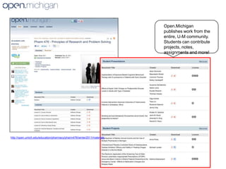 Open.Michigan publishes work from the entire, U-M community. Students can contribute projects, notes, assignments and more! http://open.umich.edu/education/pharmacy/pharm476/winter2011/materials 