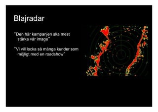 Blajradar 
“Den här kampanjen ska mest 
stärka vår image” 
“Vi vill locka så många kunder som 
möjligt med en roadshow” 
 