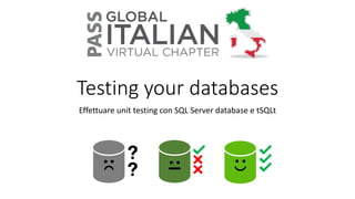 Testing your databases
Effettuare unit testing con SQL Server database e tSQLt
 