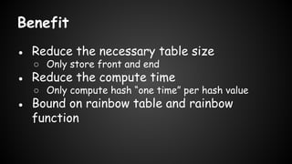 Benefit
● Reduce the necessary table size
○ Only store front and end
● Reduce the compute time
○ Only compute hash “one time” per hash value
● Bound on rainbow table and rainbow
function
 