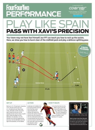 In association with




PERFORMANCE
                                                                                                                                Coerver Coaching is the world’s number
                                                                                                                                  one soccer skills teaching method
                                                                                                                                          www.coerver.co.uk.
                                                                                                                                          Follow @CoerverUK




PLAY LIKE PRECISION
PASS WITH XAVI’S
                 SPAIN
Your team may not have Xavi himself, but FFT can teach you how to rack up the assists.
Here, we show you how to burst clear of the midﬁeld pack and play a defence-splitting pass


                                                                                                                                                        XAVI’S
                                                                                                                                                       PASSING
         B1
                                                                                                                                                      Drill No.2




                                 A1




                                                            Central Zone                                                                  End Zone
                                                                                                                                             4 yds

                                                                                 24 yds




SET UP                                     ACTION                                    HOW IT HELPS

Mark out a 24 x 18-yard grid, comprising   A defender (A1) dribbles from                   In the final third Xavi has the
a 20 x 18-yard central zone and            his starting position past the                      ability to pick up the ball,
a 4 x 18-yard end zone. Place three        first of the two cones,                              drive at the defence and
cones, with balls on them, five yards      stops the ball for the                                play a killer pass at speed.
apart inside the end zone. At the          attacker (B1) before the                                 This drill is designed to
opposite end set up two cones, six yards   second, then sprints around the                           recreate this situation
apart. Divide the players up into          second cone and chases B1,                      so you can perfect it and              EVEN MORE ONLINE
defenders and attackers. Line the          who has collected the ball and is              reproduce it in a game.
attackers up at the end opposing the       running towards the end zone. B1                                                       Want to learn more from the pros?
end zone. Line the defenders up to the     must try to knock a ball off one of                                                    Get online for exclusive interviews as
right of the attackers, on the sideline.   the cones with a pass, but they’re                                                     the game’s stars give their guidance,
                                           not allowed to shoot                                                                   plus more drills from the experts.
                                           inside the end zone.                                                                   http://performance.fourfourtwo.com
 