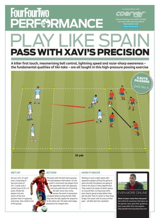 In association with




PERFORMANCE
                                                                                                                       Coerver Coaching is the world’s number
                                                                                                                         one soccer skills teaching method
                                                                                                                                 www.coerver.co.uk.
                                                                                                                                 Follow @CoerverUK




PLAY LIKE PRECISION
PASS WITH XAVI’S
                 SPAIN
A killer ﬁrst touch, mesmerising ball control, lightning speed and razor-sharp awareness –
the fundamental qualities of tiki-taka – are all taught in this high-pressure passing exercise


                                                                                                                                               XAVI’S
                                                                                                                                              PASSING
                                                                                                                                             Drill No.4




                                                                   25 yds




SET UP                          ACTION                                    HOW IT HELPS

Set up a 20 x 25-yard            The team with the ball starts passing    Working in such a tight space with
area, comprising of               the ball between themselves. On the     opposition players joining the game to
two end zones of                    coach’s command, two players from     press the ball, the players are going to
20 x 5 yards and a                   the opposition enter the opposing    have to be sharp in every department.
central zone of 20 x 15               end zone with the aim of winning    They need to be aware of what’s going
yards. Divide the                        the ball. Count how many         on around them so they know what
players into two                         passes the team in possession    pass they’re going to play before they         EVEN MORE ONLINE
teams of five and               complete before losing the ball. After    get the ball. Then it’s down to their body
position them in opposing       they lose the ball, repeat the sequence   shape, first touch and accuracy of their       Want to learn more from the pros?
end zones. Give a ball to one   at the other end. The team who keeps      pass – all skills Xavi has mastered.           Get online for exclusive interviews as
of the groups.                  possession for longest wins.                                                             the game’s stars give their guidance,
                                                                                                                         plus more drills from the experts.
                                                                                                                         http://performance.fourfourtwo.com
 