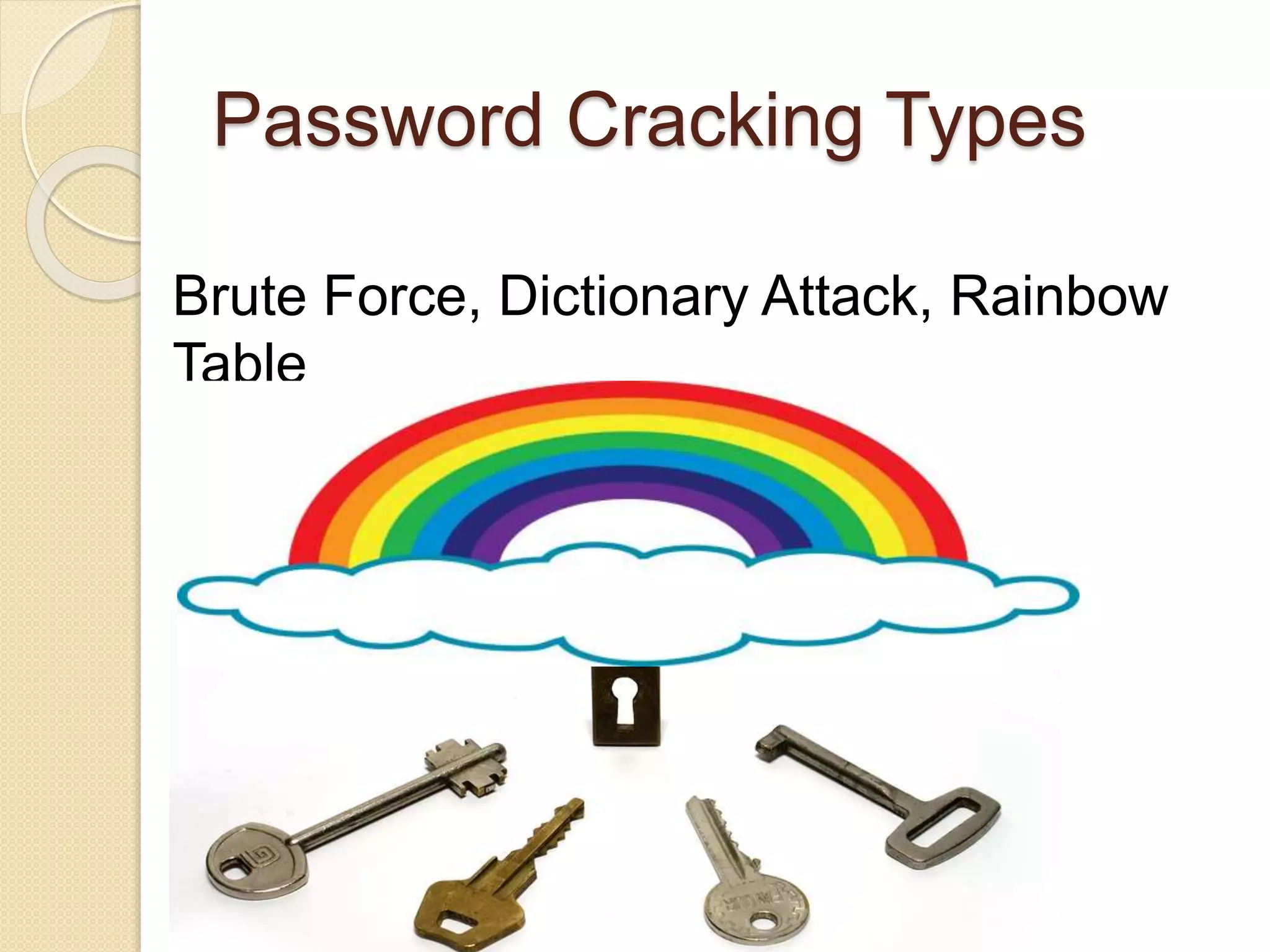 Password Cracking Types
Brute Force, Dictionary Attack, Rainbow
Table
 
