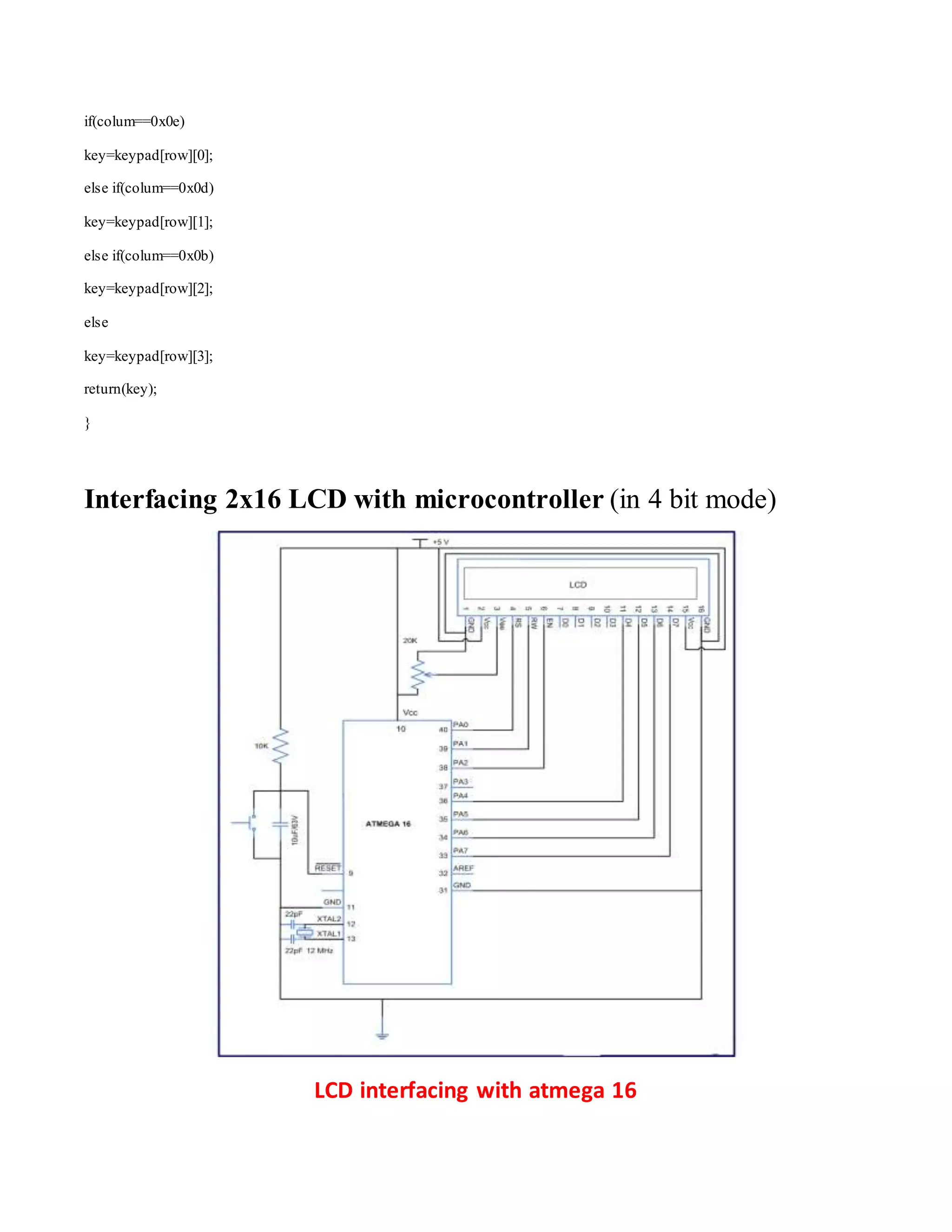 if(colum==0x0e) 
key=keypad[row][0]; 
else if(colum==0x0d) 
key=keypad[row][1]; 
else if(colum==0x0b) 
key=keypad[row][2]; 
else 
key=keypad[row][3]; 
return(key); 
} 
Interfacing 2x16 LCD with microcontroller (in 4 bit mode) 
LCD interfacing with atmega 16 
 